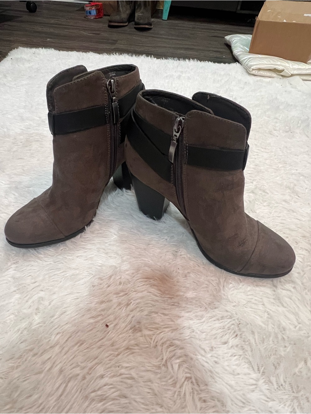 Limelight Taupe Suede Ankle Booties with Black Strap